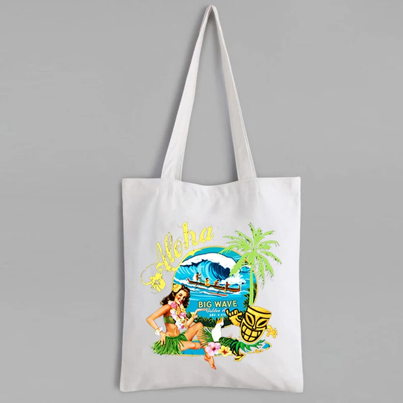 Aloha Beaches Canvas Bag Funny Beach Shopping Bags Summer Travel Vacation Totebag Reusable Seaside Life Cute Bag L