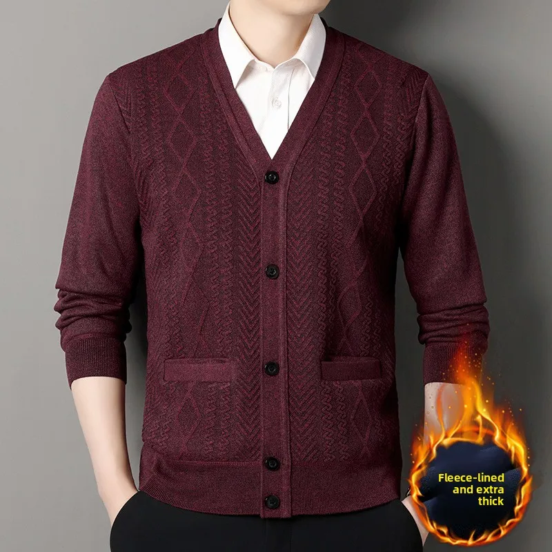 Autumn and Winter Velvet Thickened Men's Knitted Loose Casual Cardigan Sweater Jacket V-neck Outer Wear Warm  Mens Sweater