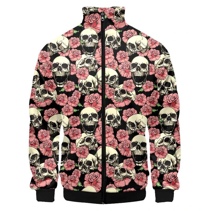 

Mens 3D Printed Pink Rose Skull Zip Jacket For Men Clothing Funny Mens Designer Clothes Streetwear Coat Tops High Quality Jacket