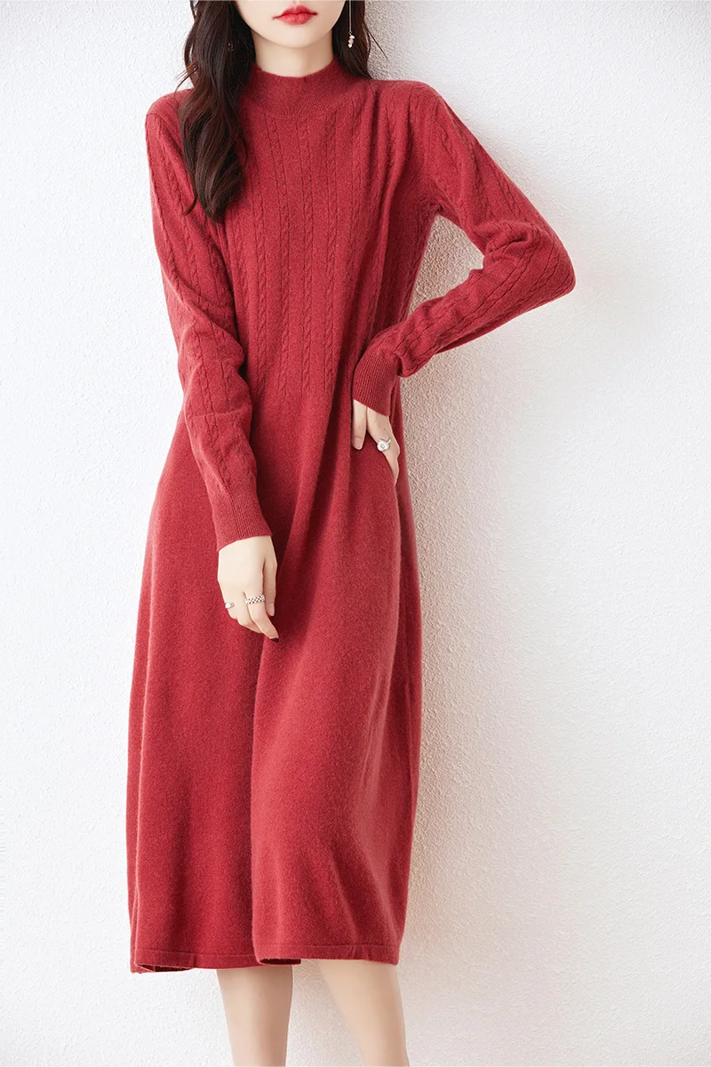 100% Merino Wool Traf Official Sweater Round Neck Cable Flower Long Dress 2023 Autumn And Winter New Women's Clothing