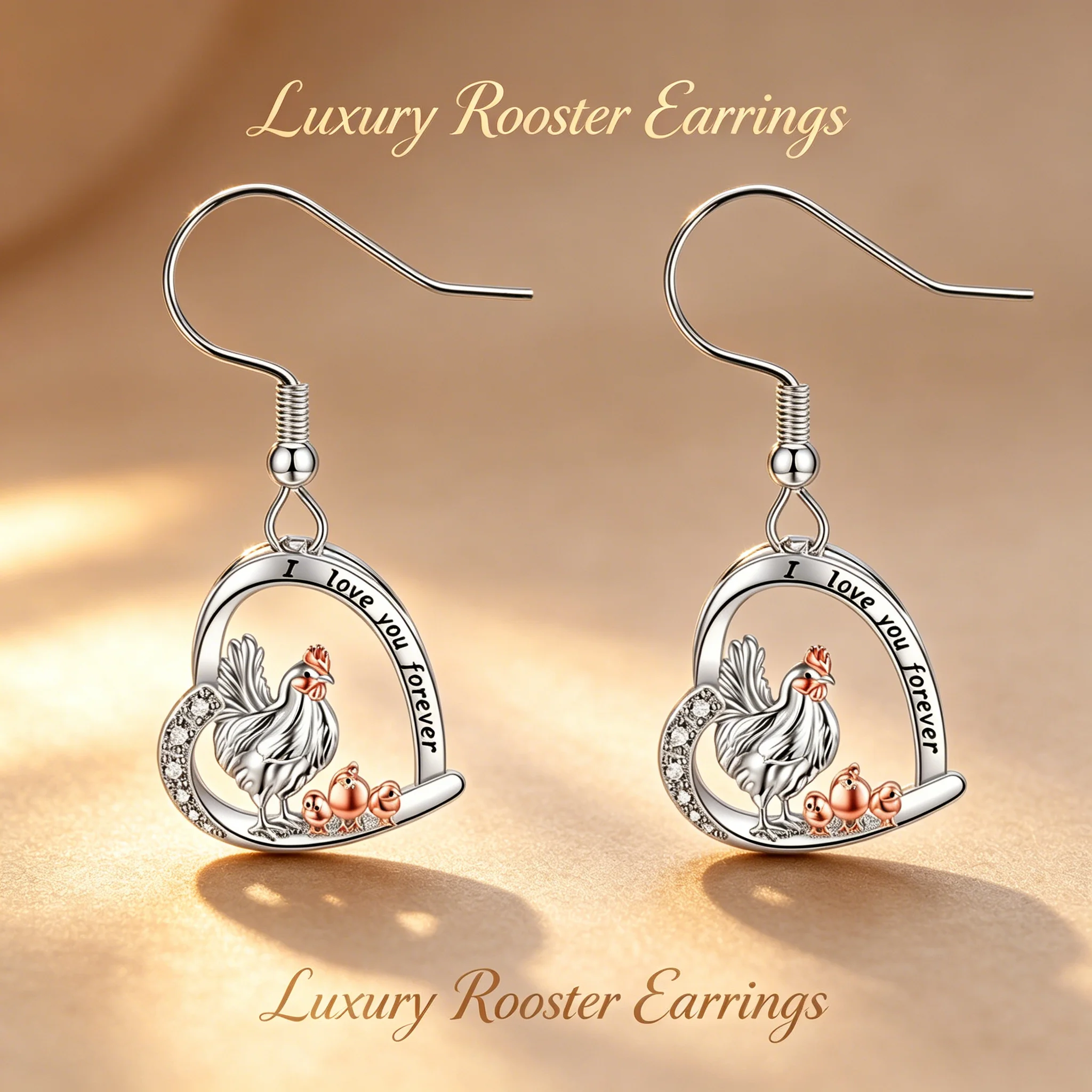 Two-Tone Silvery & Rosegold Zinc Alloy Hen & Chicks Heart Dangle Earrings 