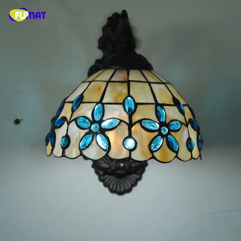 FUMAT Tiffany Style Blue Floral Wall Lamp Sconces Shell Lampshade Wall Light Porch Bedroom Bedside Wall Sconces For Living Room