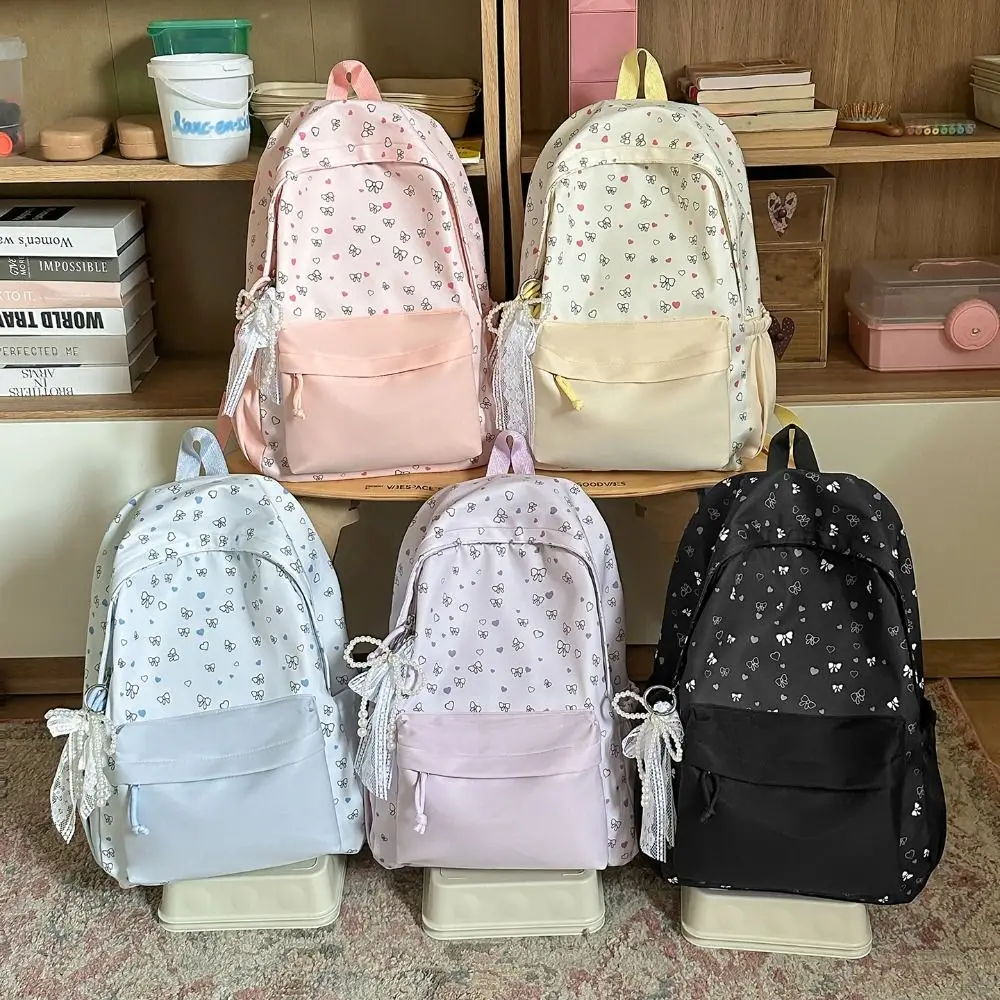 Casual Large Capacity Student Schoolbag Soft Nylon Lightweight Book Bags Bowknot Design Preppy Knapsack For Women Girls
