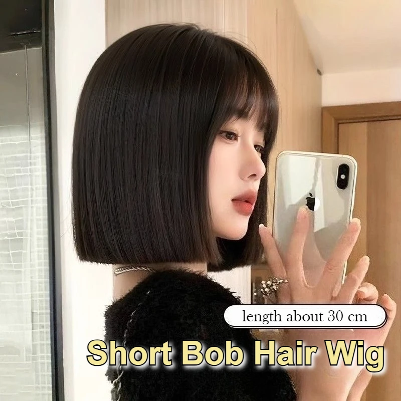 12 بوصة قصيرة مستقيم بوب شعر مستعار مع الانفجارات الاصطناعية الطبيعية تأثيري شعر مستعار للحفلات اليومية للنساء رقيق خصلات الشعر المستعار غطاء رأس كامل #1