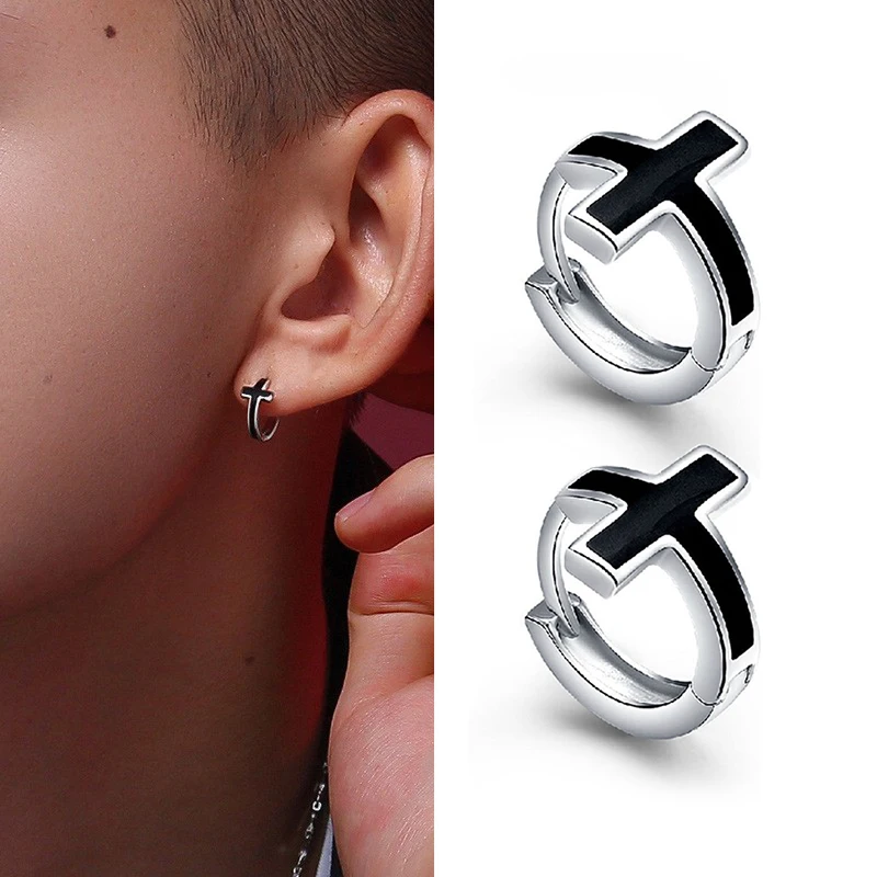 1 Pair Punk Black Cross Ear Buckle Small Hoop Earrings For Men/Women Classic Retro Hip Hop Party Gothic Ear Jewelry