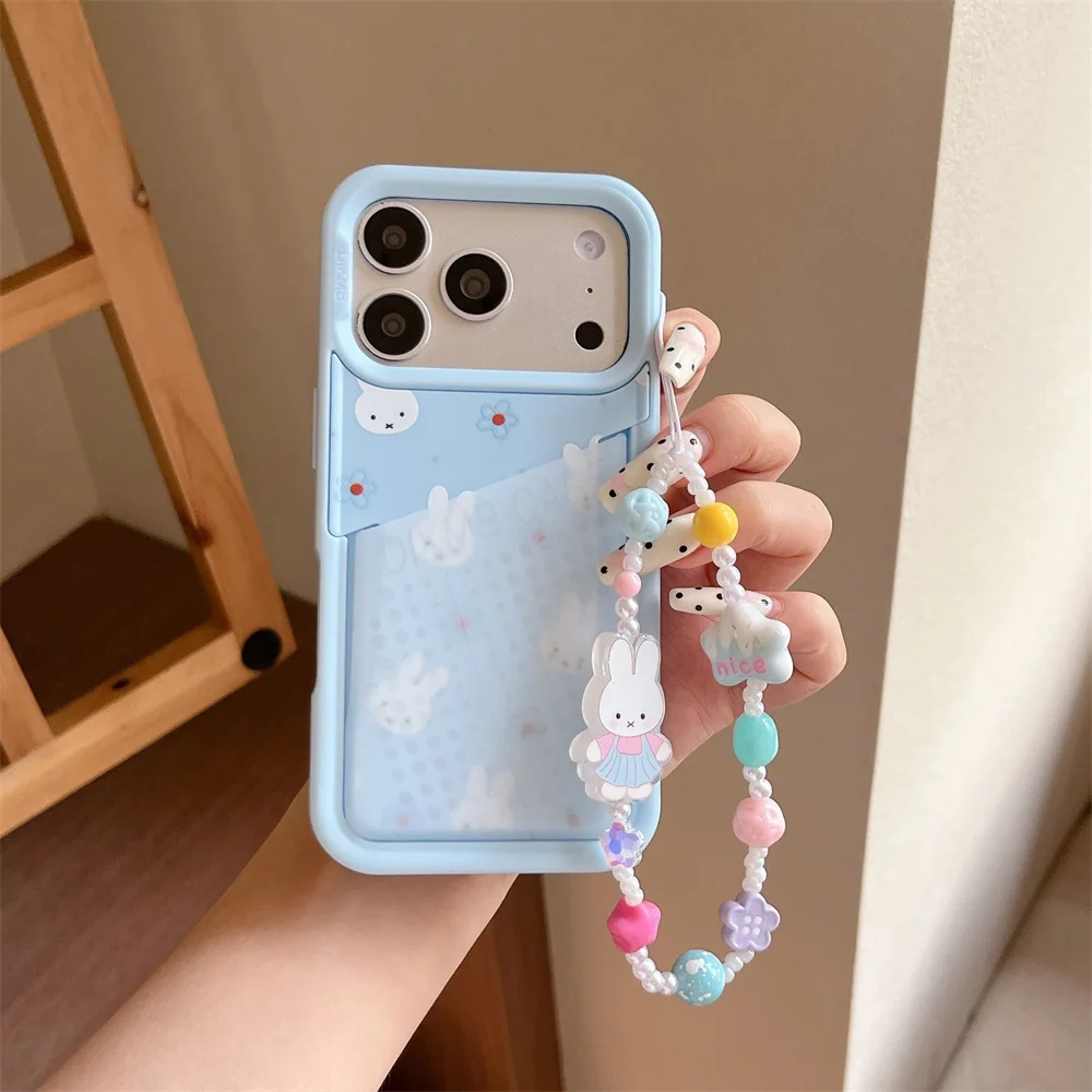 Fashion Cute Miffy Rabbit With Card Holder Phone Case for iPhone 16 Pro Max 15 16 17 15 Pro 17 Pro Cover With Chain Kawaii Cases