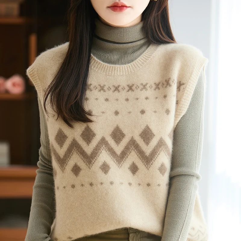 

New 100% wool women's O-neck vest, fashionable and versatile knitted sleeveless sweater, autumn and winter women's pullover vest