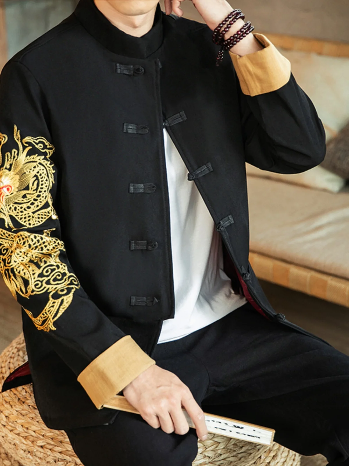 

Ele Chinese Sle Embroidered Jaet Men's Spring Autumn Faion Outerwear Performance Costume Stand Fit Polyester