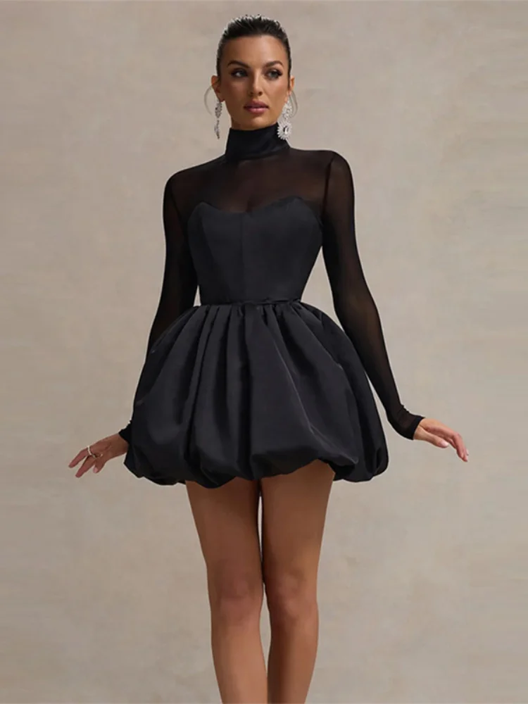 Women Sexy Mesh Patchwork Bubble Hem Mini Dress Fashion Long Sleeve Black High Waist A-line Dresses Lady New Party Short Robes