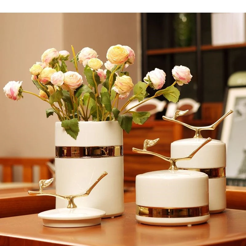 Gold Plated Leaf Decorative Storage Jar Ceramic Vase Desk Decoration Candy Tea Canister Flower Arrangement Floral Vases