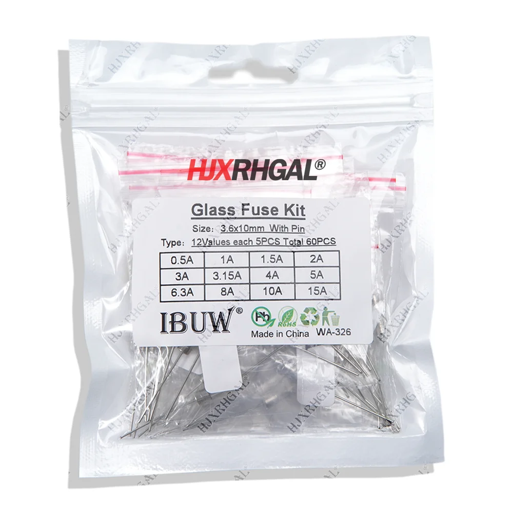 12values*5pcs=60pcs 3.6*10mm Glass fuse Slow blow 250V 3.6x10 0.1A 0.25A 0.5A 1A 2A 3A 3.15A 5A 6.3A 8A 10A 15A