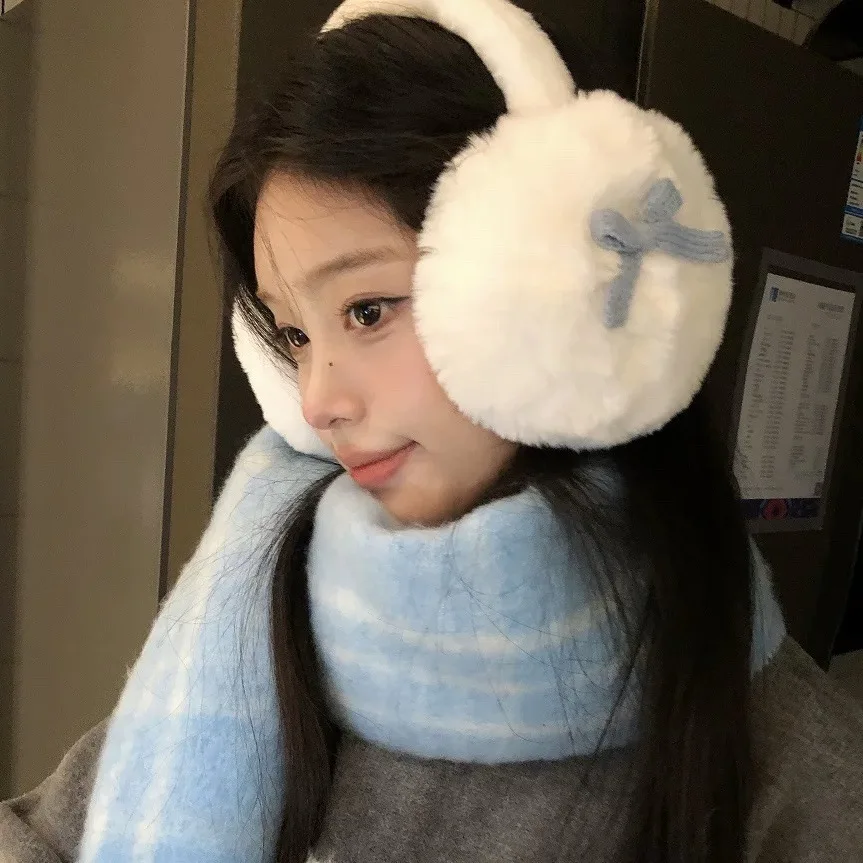 

Anjj Sweet Cute Woman Earmuffs with Blue Plush Bow 2025 Fashion Winter Warm Ear Cover for Friends New Year Christmas Gifts