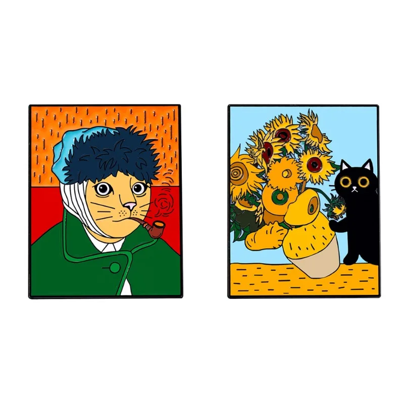Cartoon Cat Series Badges, Abstract Painting Sunflower Animal Alloy Pins, Wholesale of Clothing Accessories, Gifts for Friends