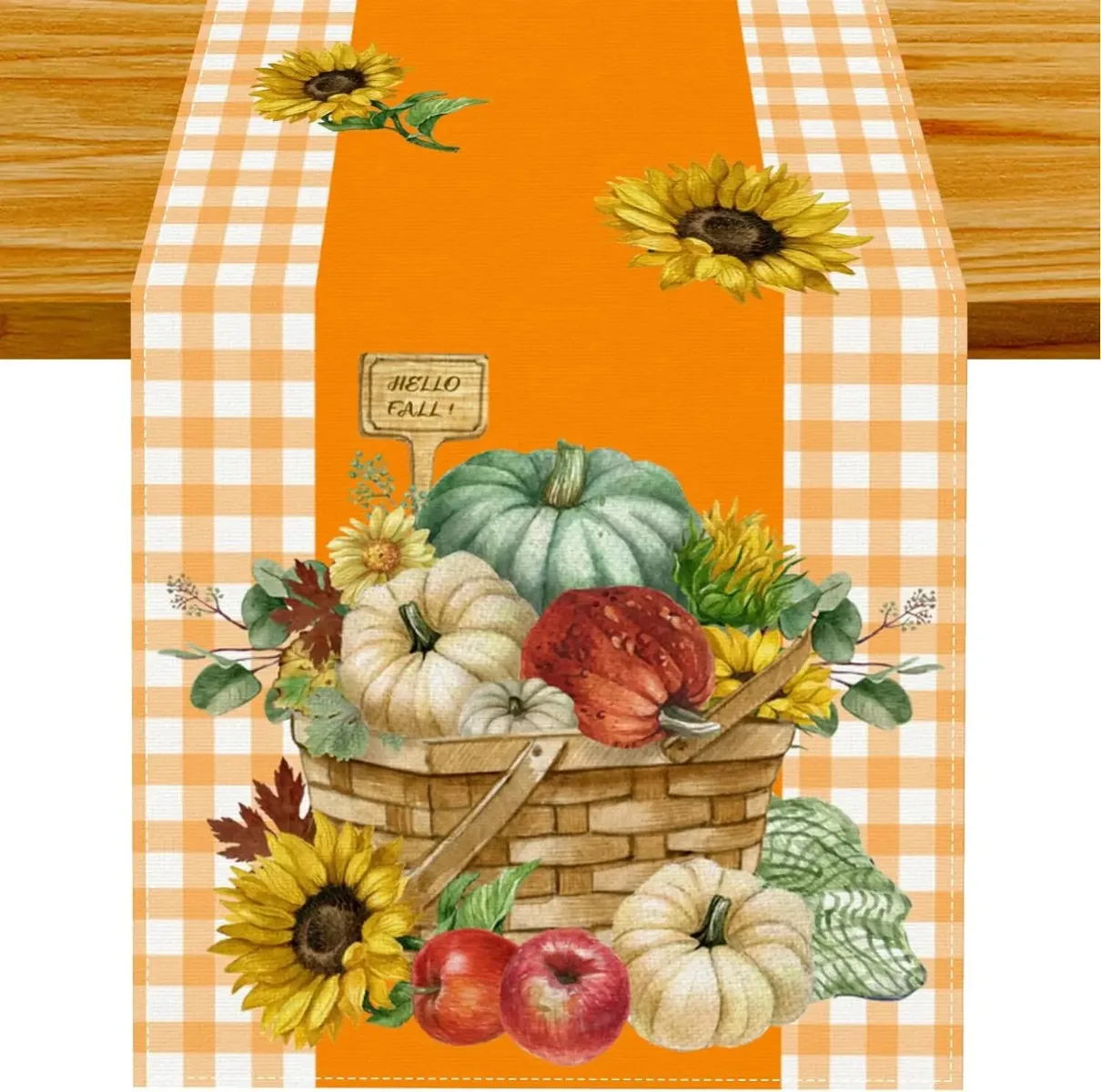 Pumpkin Sunflower Fall Orange White Buffalo Check Plaid Linen Table Runners Farmhouse Autumn Thanksgiving Kitchen Table Decor