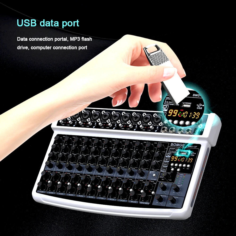 전문 휴대용 99DSP 12 채널 녹음 오디오 믹서 인터페이스 USB 48V BT 사운드 콘솔 카드 PC MP3 DJ 가라오케