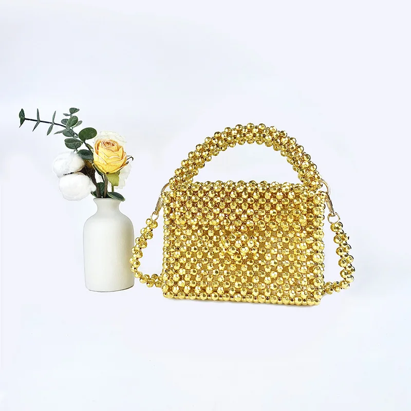 New Gold Acrylic Beaded Crystal Bags Metal Texture Handheld One Shoulder Crossbody Chain Customized Women\'s Small Square Bag