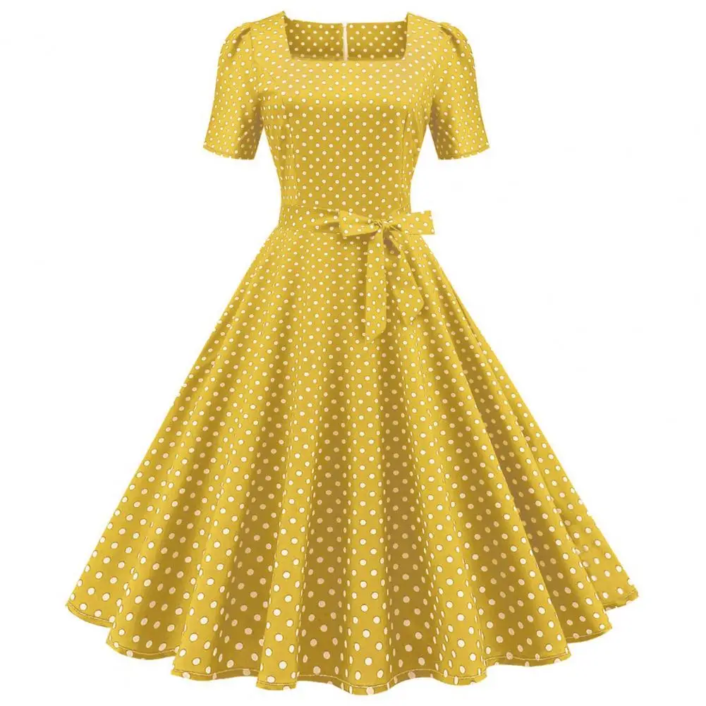 1980s Polka Dot Print Dress Vintage Charming Dot Classic Movie Elegant Retro Square Collar Silhouette Enhancing Women's Dress