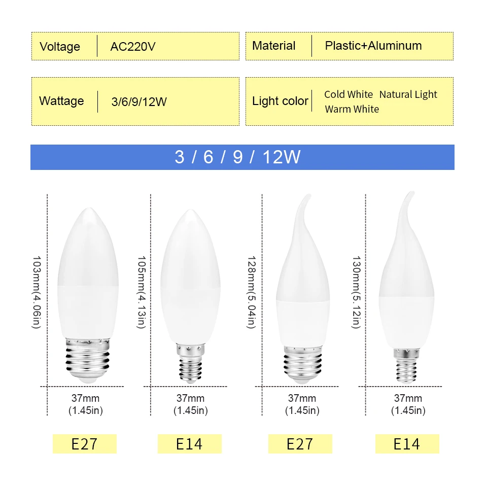 Bombilla Led tipo vela para el hogar, foco de ahorro de energía de 3W, 6W, 9W, 12W, 220 SMD, E14, E27, 2835 V, 2 piezas