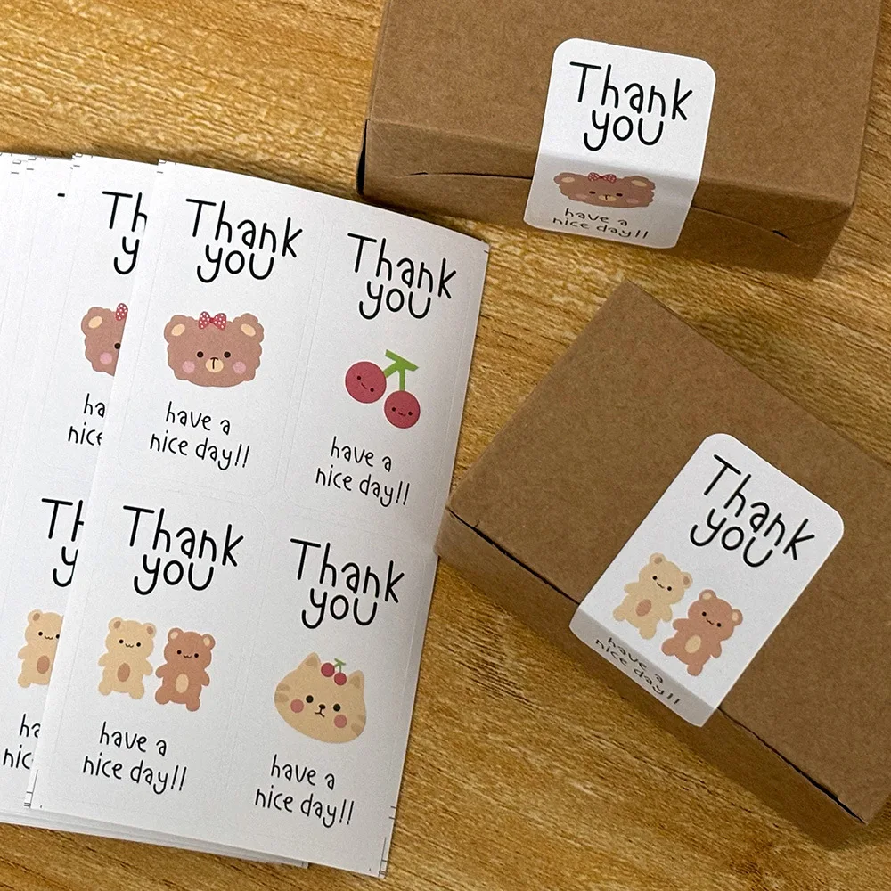 100pcs Cute Cartoon Ellipse Thank You Stickers Gift Box Sealing Stickers Store Packaging Sealing Labels