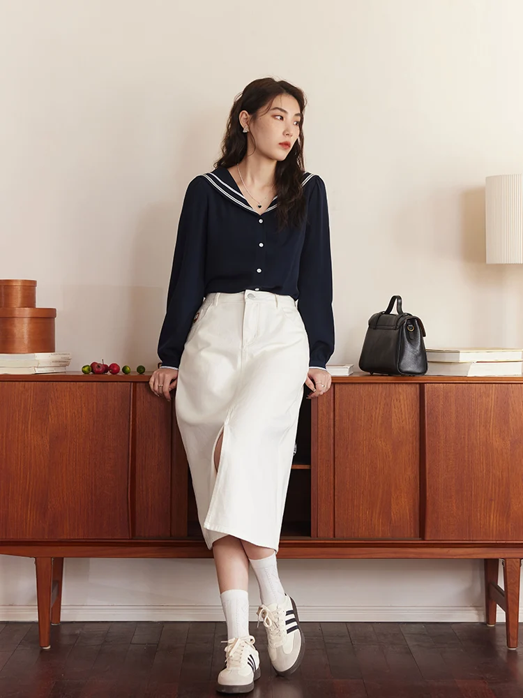 DUSHU Sailor Collar Women Navy Blue Long Sleeve Straight Blouses 2023 Spring Single Breasted Casual Women Tops Chiffon Blouse