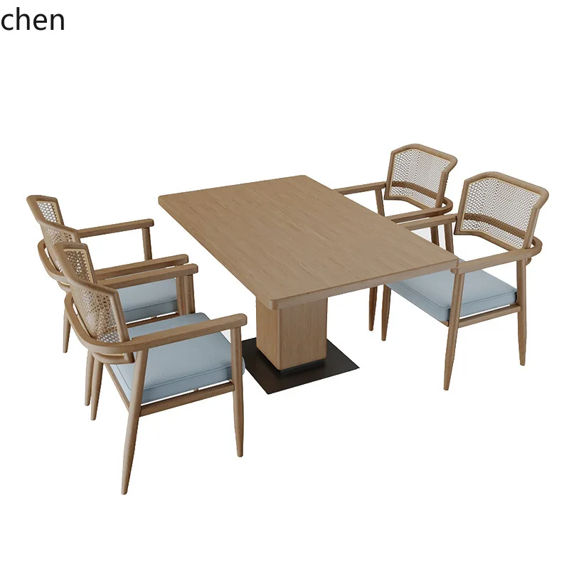 HT Modern Dining Restaurant Chinese Style  Dining Table Western Restaurant Dining Table and Chairs Hotel Rattan Backrest Chair