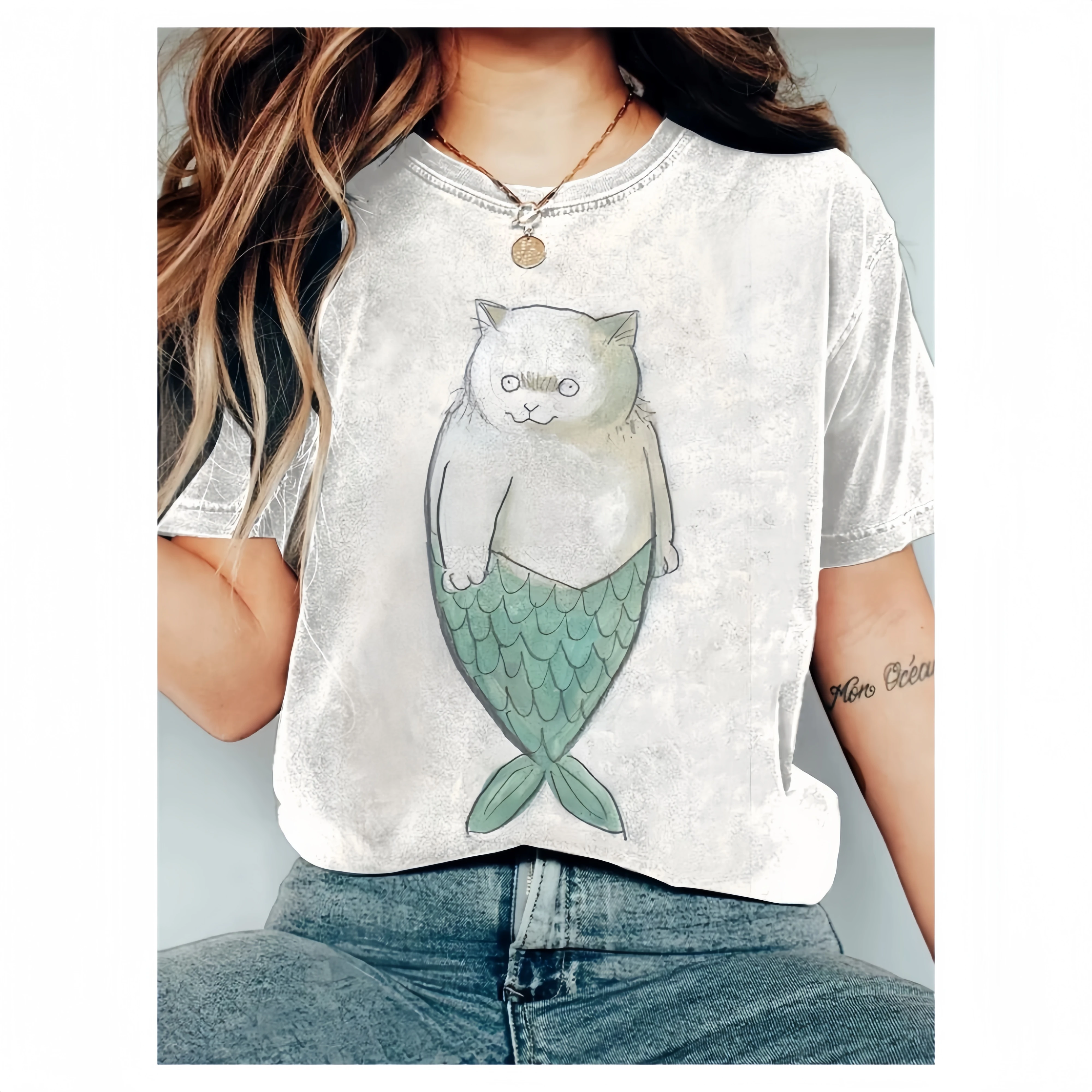 Women O Neck Short Sleeved T-Shirt Abstract Creative Fun Cat Mermaid Drawing Painting