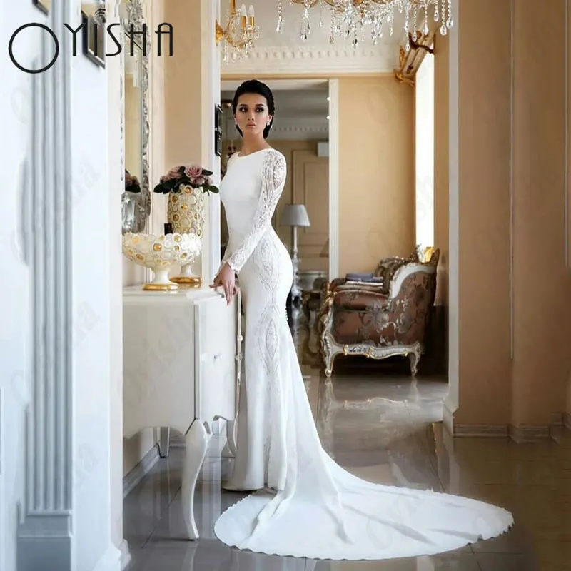 OYISHA Zeemeermin Appliques Moslim Trouwjurken Elegant Satijn O-hals Volledige mouw Bruidsjurken Knoop Klassieke Vestido De MariagesOYISHA Zeemeermin Appliques Moslim Bruidsjurken Elegant Satijn O-hals Volledige mouw B