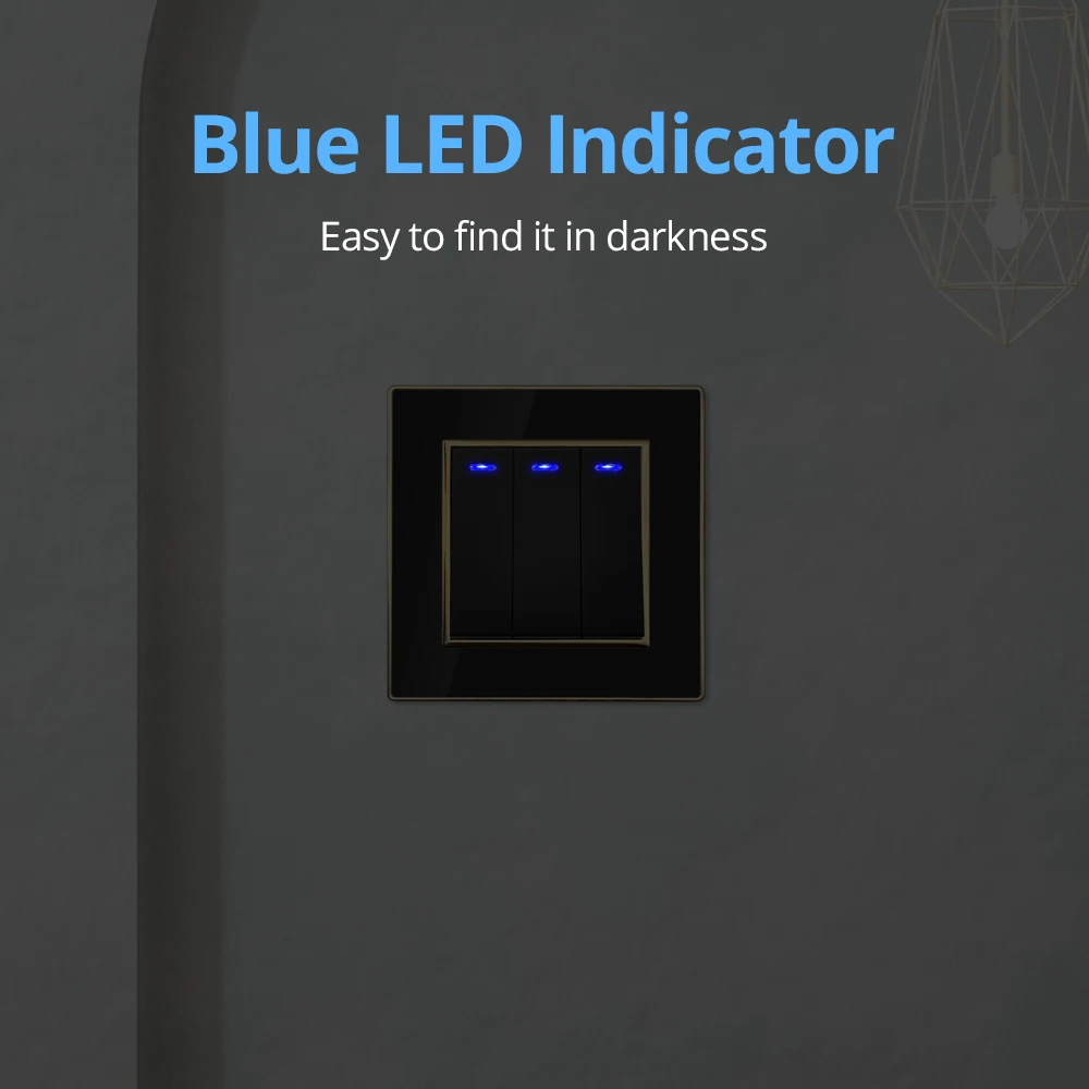 Wallpad Black Acrylic Panel Gold Border Wall Light Switch LED Dimmer USB Charge EU Socket Outlet 5 6 7 8 Gang 2 Way Reset