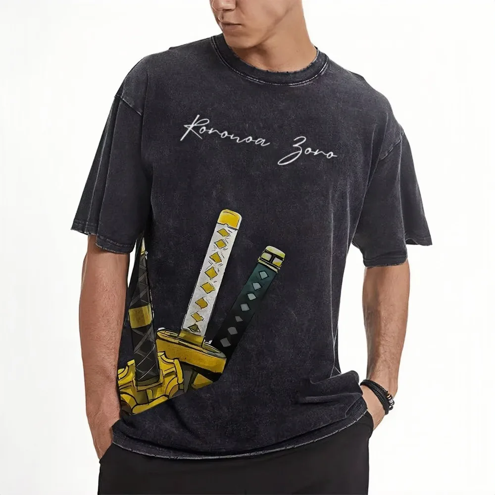 One Piece Zoro King of Hell Acid Washed Graphic T-Shirt Unisex Oversized Short Sleeve Premium Cotton Edgy Streetwear Tees