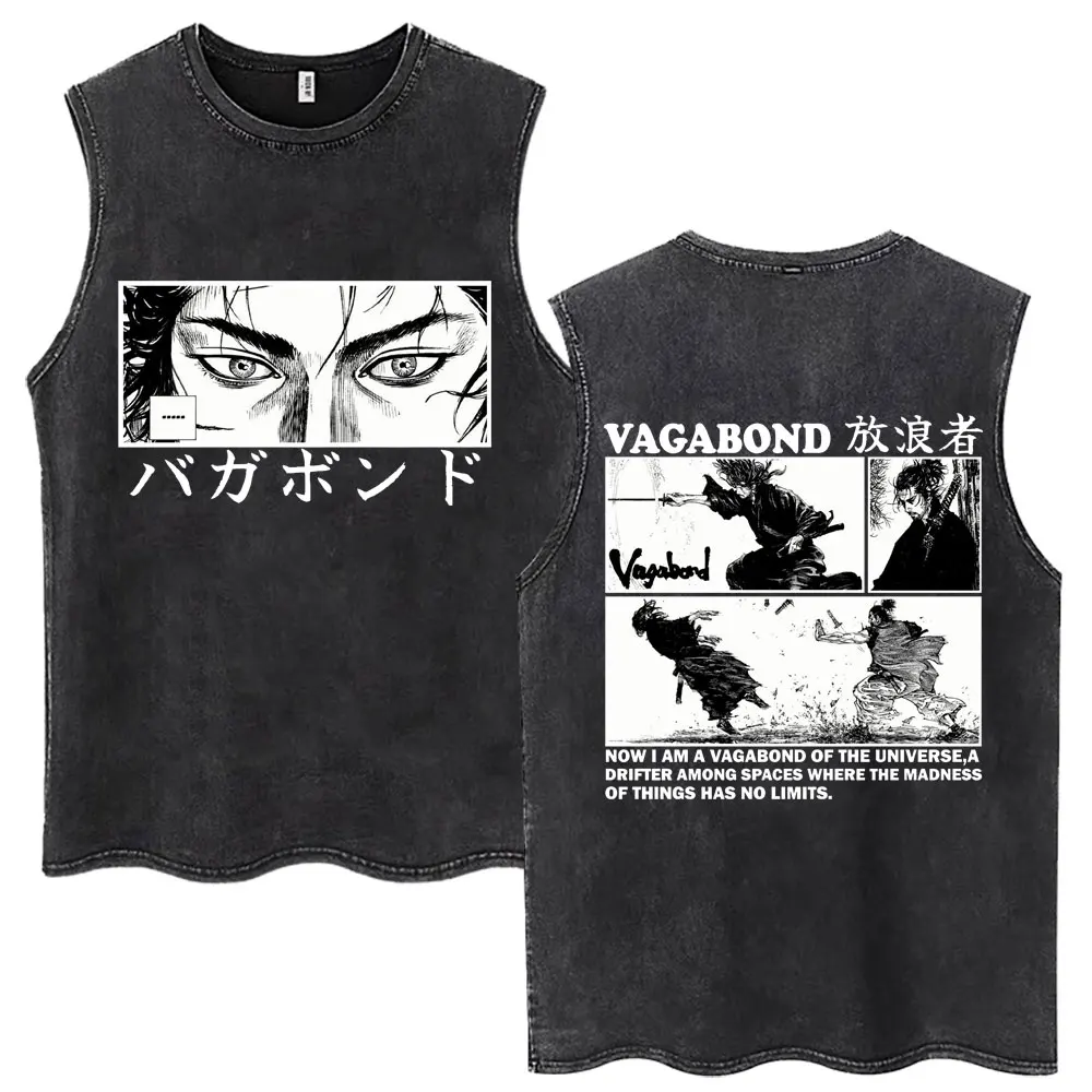 Image of Anime Vagabond Miyamoto Musashi Washed Tank Tops Herren Cosplay Harajuku T-Shirt Lässige Oversize Ärmellose Westen Y2k Streetwear