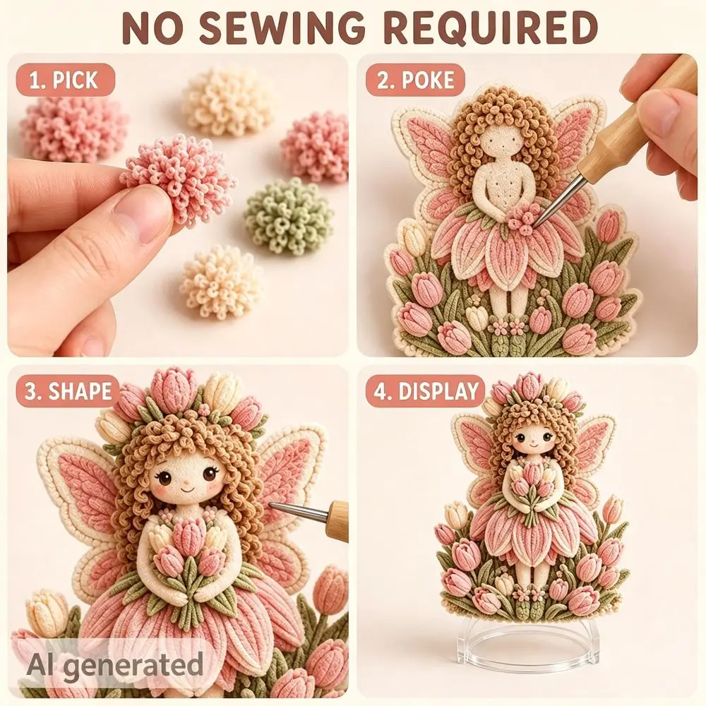 DIY Handmade Flower Fairy 3D Fabric Poke Art Kit Beginner Friendly Punch Tool Included Embroidery Craft Set Needlework Craft Kit