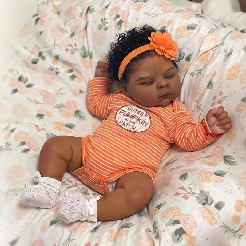 48cm Dark Skin Cotton Body Sleeping Doll Peaches with Rooted Black  Afro Curly Hair Silicone Vinyl Dolls