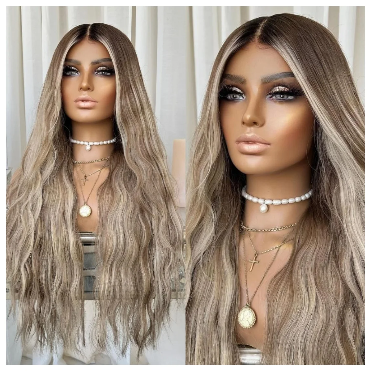 

Пепельно-русый коричневый парик шнурка с выделенным кружевом спереди, термобезопасный синтетический парик Темные корни, волны, термостойкие волокна, многослойный парик