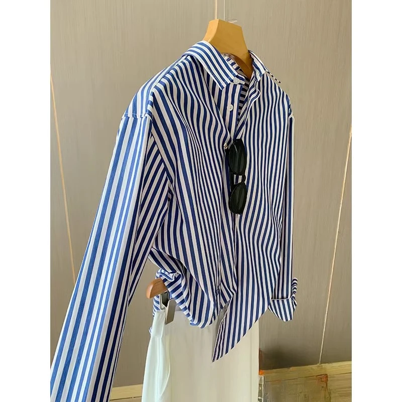 

Classic Blue White Striped Embroidery Single-breasted Shirt Spring and Autumn New Temperament Girls Versatile Shirt Top