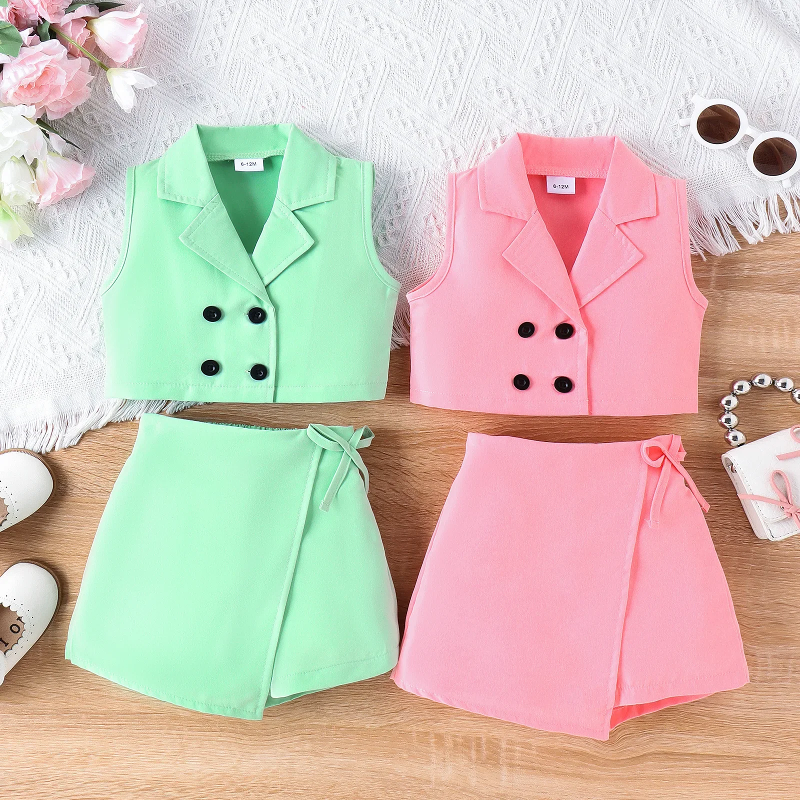 

Summer Baby Girls Clothes Sets Sleeveless Lapel Double-breasted Suit Waistcoat + Solid Skirt Kids Children's Casual Clothing