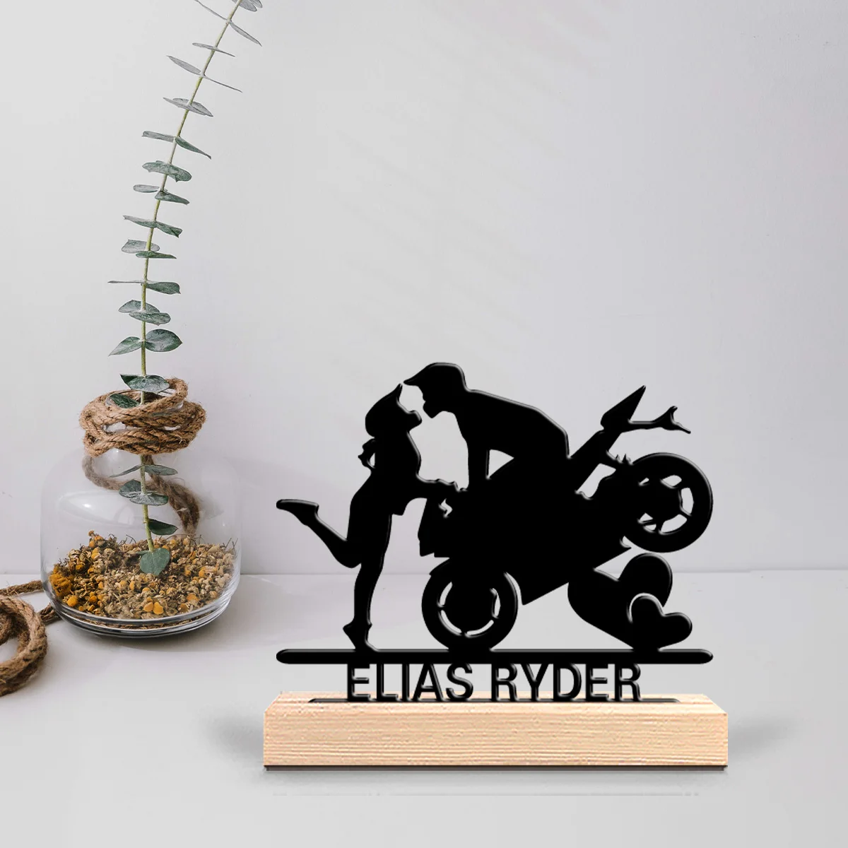 1pc Modern Motorcycle couple custom Name Metal Statue Iron Ornament   Handicraft With Wood Base Metal OrnamentFor Home Decor