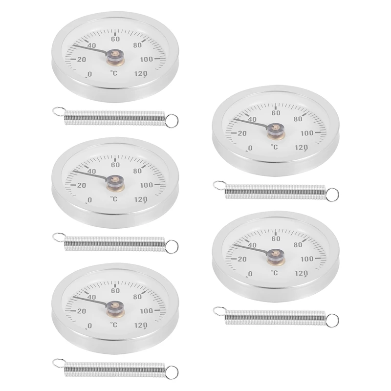 63Mm Pipe Clip-On Dial Thermometer Temperature Round Plate Gauge With Spring,Range 0-120℃, Aluminum Case, 5Pcs Set