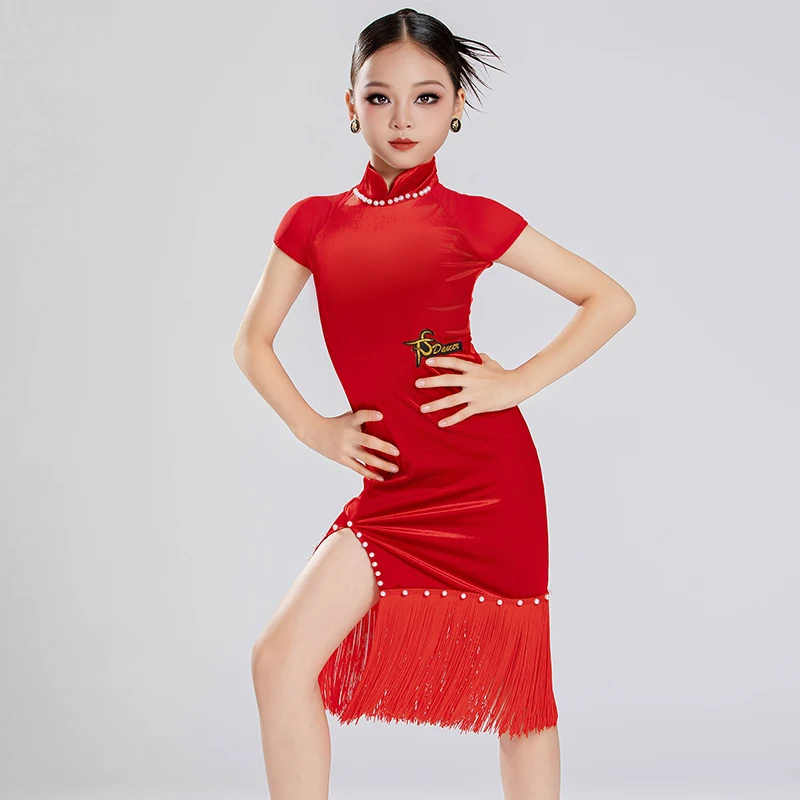 Crianças estilo chinês dança latina franjas vestido meninas vermelho vestidos de competição de dança latina crianças dança de salão wear sl13968