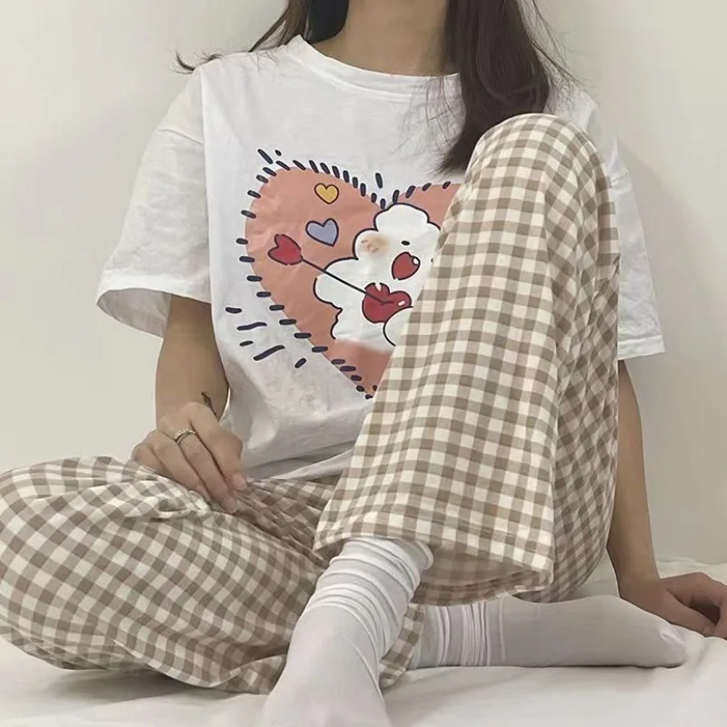 Plaid Pajamas Pants for Women Sleep Korean Style Sleepwear Summer Ankle Length Bottoms Home Room Elastic Waist Sleeping Wear New