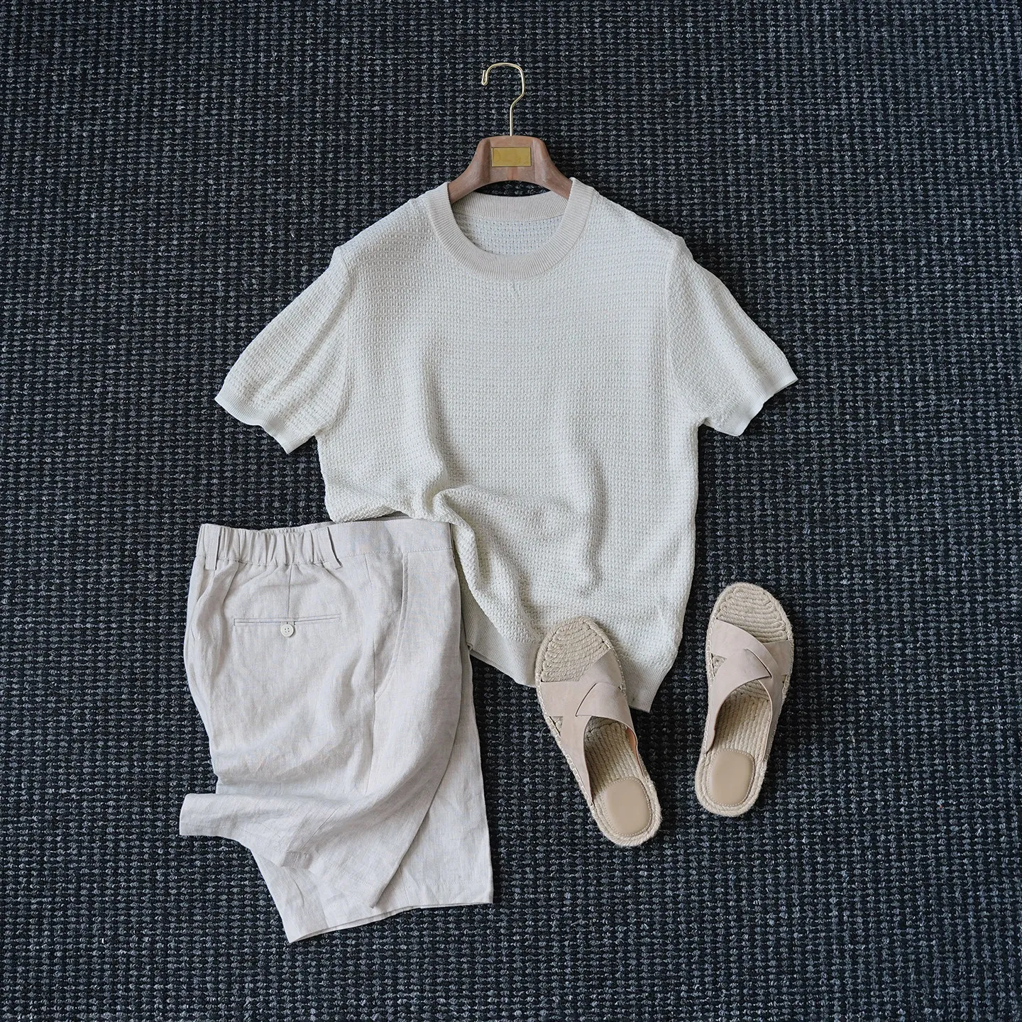 

Summer Lyocell linen blend slack old money short-sleeved knitted sweater men's yuppie T-shirt top