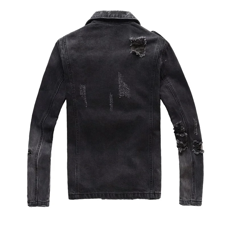 Men\'s Jacket Zippers Black Denim Jean Biker Jacket Motorcycle Vintage Epaulet Holes Ripped Distressed Coat for Men