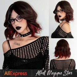 Short Natural Wavy Synthetic Wig 12inch Black Highlight Red Hair Wigs For Women Daily T-part Bob Wig Christmas Party Cosplay Wig