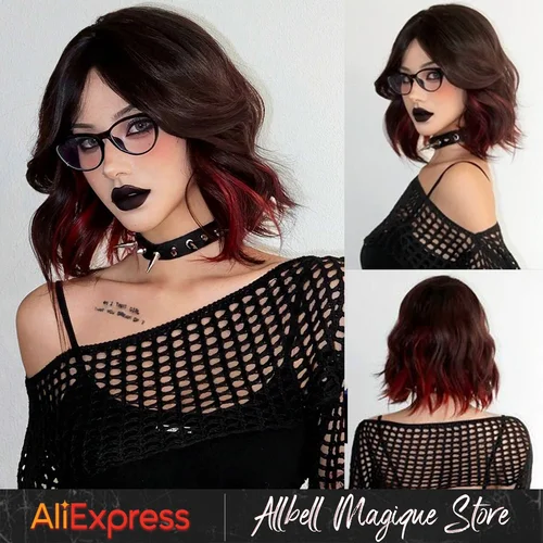 Imagen 1 del producto Peluca sintética ondulada Natural corta de 12 pulgadas, pelucas de pelo rojo resaltado negro para mujer, peluca Bob con parte en T diaria, peluca de Cosplay para fiesta de Navidad