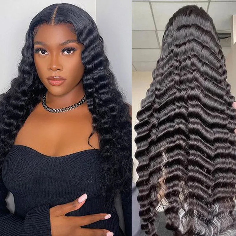 

Deep Wave 100% Human Hair 13x6 Lace Frontal Wig Brazilian Remy Hair For Women 180 Density Pre Plucked Soft Curly Hair Wig