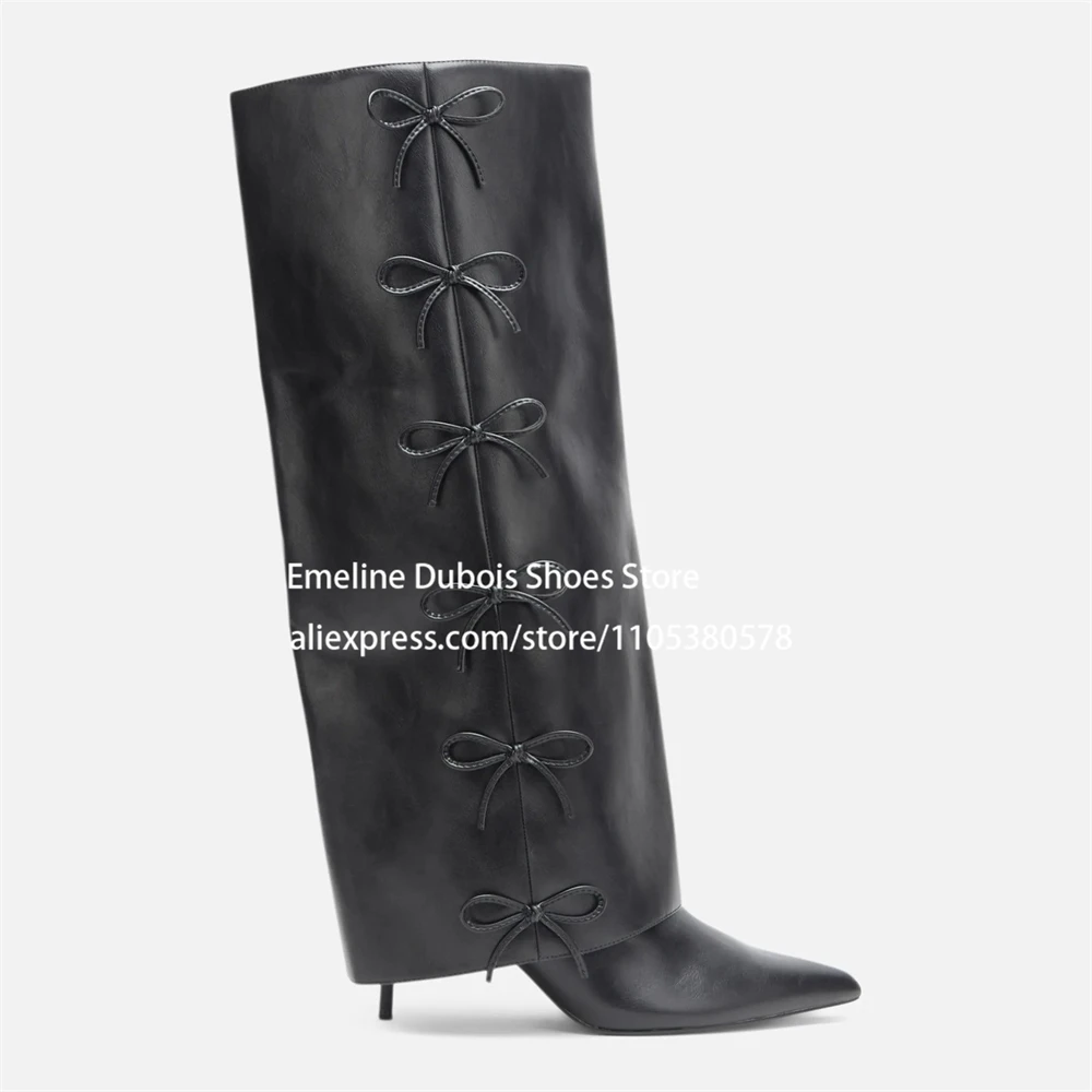 

Leather Multiple Bow Knot High Heel Knee High Boots Pointed Toe Flap Tube Women Thin Stilettos Party Street Dress Boots Woman