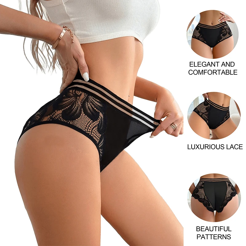 3Pcs Sexy Black Lingerie Womens Panties Elasticity Bikini Womens Underwear Sexy Transparent Lace Mid Waist Briefs for Women