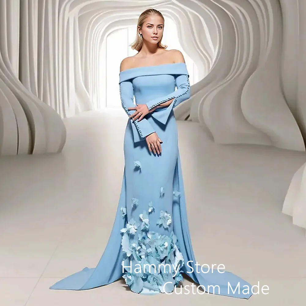 Sky Blue Mermaid Evening Dress Boat Neck Long Sleeve Slit Buttons Handmade Flowers Party Gown with Train Saudi Prom Dresses