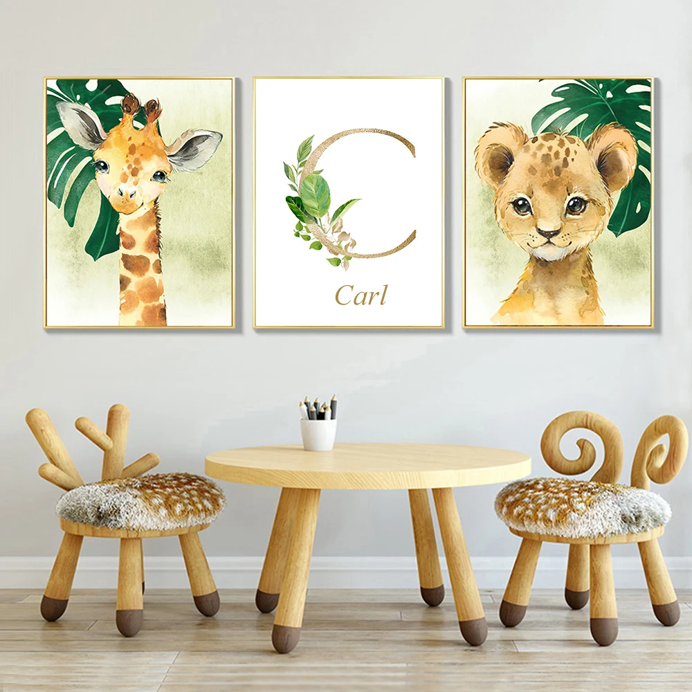 Kids Room Decoration Custom Baby Name Pictures for Wall Animal Tableau Affiche Murale Poster Laminas Decorativas Pared Cuadros