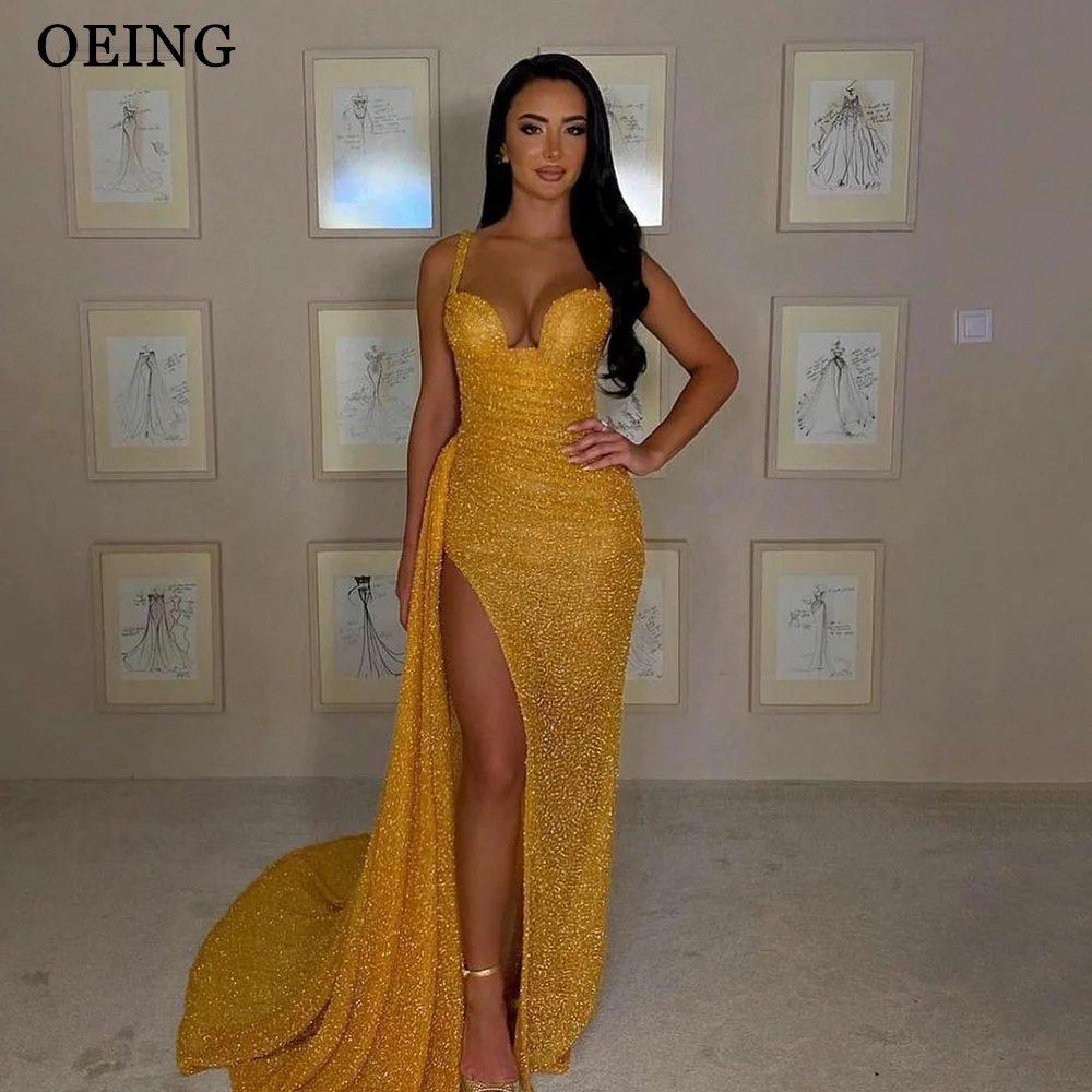 

OEING Sparkly Yellow Peom Gowns Sexy Spaghetti Strap Side Slit Sleeveless Party Dress Simple Evening Dresses Vestidos De Gala