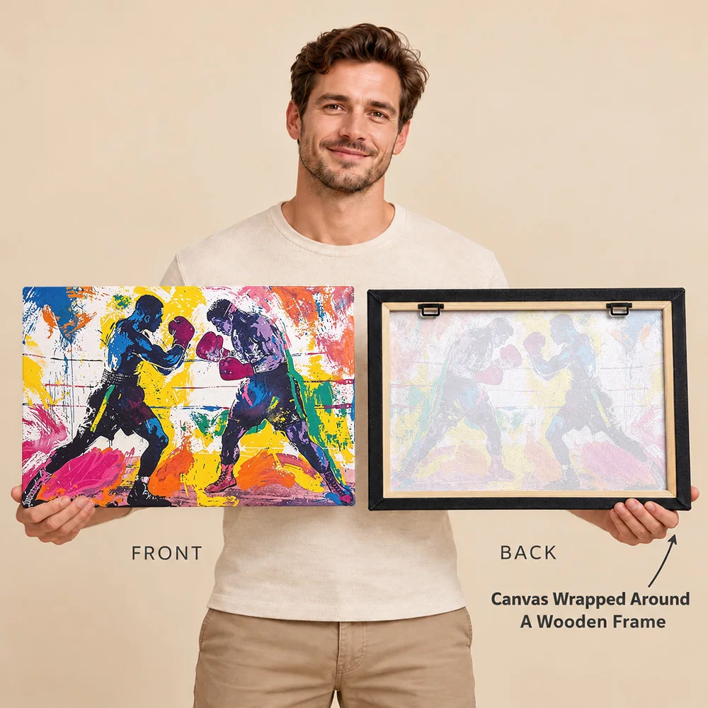 Boxing Duel Gallery Wrapped Canvas Print Customized Photo Expressive Multicolor Brushwork Wall Art For Home Gym Fitness Gift